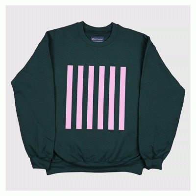 Pink stripe on green sweatshirt